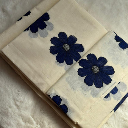 Elegant Kerala Floral Set Mundu with Matching Blouse Piece – Royal Blue Design