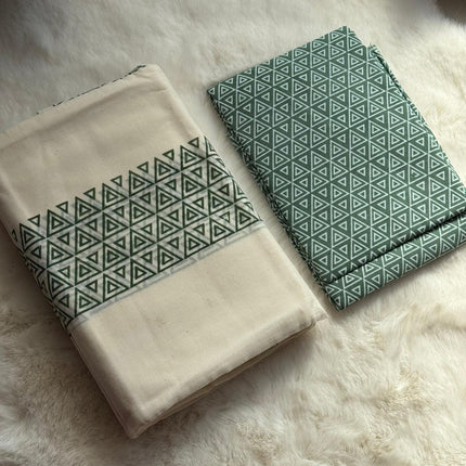 Modern Kerala Cotton Set Mundu with Matching Blouse Piece – Green Geometric Pattern