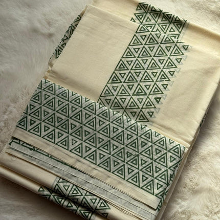 Modern Kerala Cotton Set Mundu with Matching Blouse Piece – Green Geometric Pattern