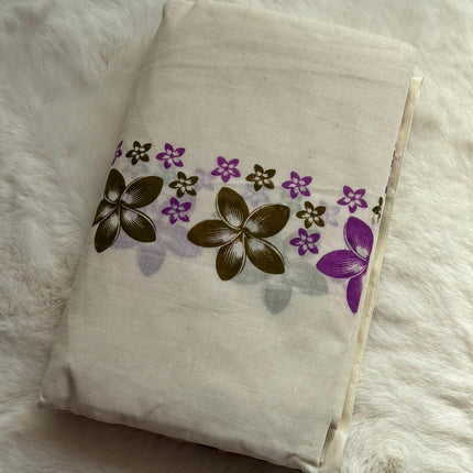 Premium Kerala Floral Set Mundu with Matching Blouse Piece – Purple Bloom Design