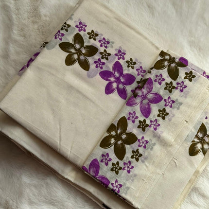 Premium Kerala Floral Set Mundu with Matching Blouse Piece – Purple Bloom Design