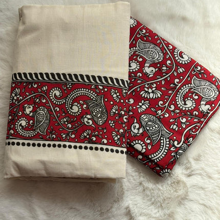 Red Kalamkari Inspired Kerala Set Mundu – Traditional Printed Design