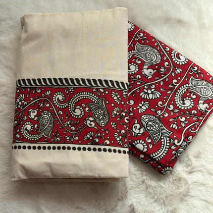 Red Kalamkari Inspired Kerala Set Mundu – Traditional Printed Design