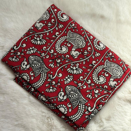 Red Kalamkari Inspired Kerala Set Mundu – Traditional Printed Design