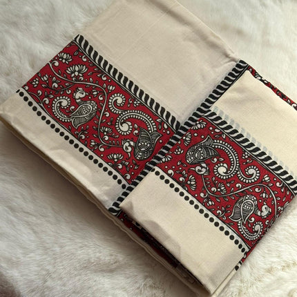 Red Kalamkari Inspired Kerala Set Mundu – Traditional Printed Design