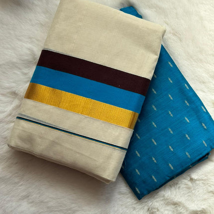 Premium Kerala Set Mundu with Blue & Gold Border and Matching Blouse Piece