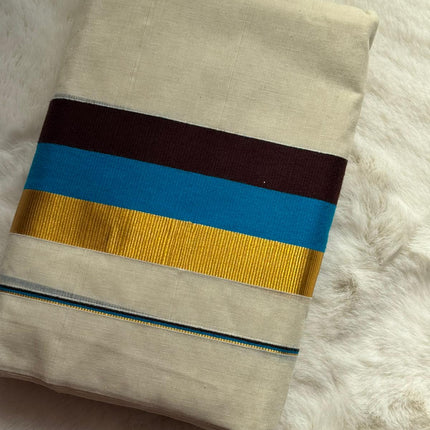 Premium Kerala Set Mundu with Blue & Gold Border and Matching Blouse Piece