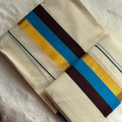 Premium Kerala Set Mundu with Blue & Gold Border and Matching Blouse Piece
