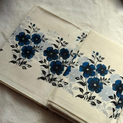 Blue Floral Kerala Set Mundu – Modern Printed Traditional Wear