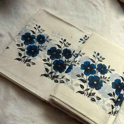 Blue Floral Kerala Set Mundu – Modern Printed Traditional Wear