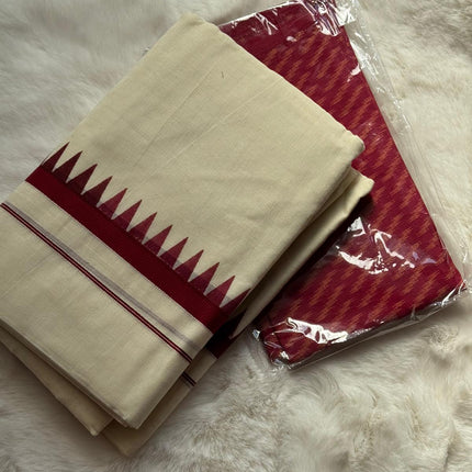 Kerala Temple Border Set Mundu with Matching Blouse Piece – Red