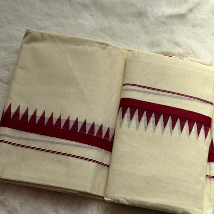 Kerala Temple Border Set Mundu with Matching Blouse Piece – Red