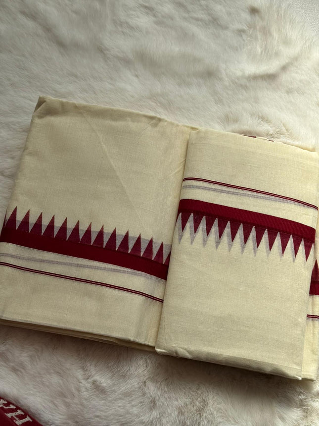 Kerala Temple Border Set Mundu with Matching Blouse Piece – Red