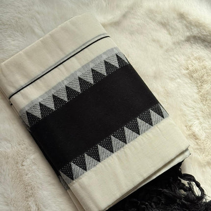 Kerala Black Border Traditional Set Mundu with Tassel Detailing