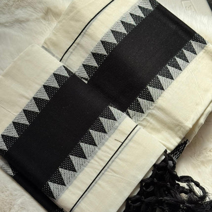 Kerala Black Border Traditional Set Mundu with Tassel Detailing