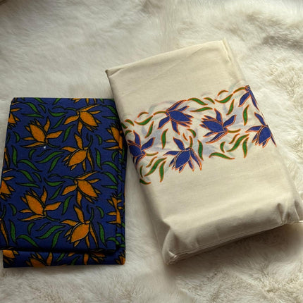 Traditional Kerala Printed Set Mundu with Matching Blouse Piece – Blue & Orange Floral Pattern