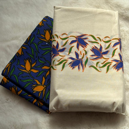 Traditional Kerala Printed Set Mundu with Matching Blouse Piece – Blue & Orange Floral Pattern