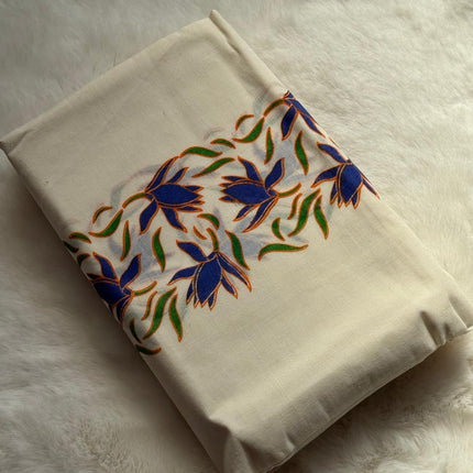 Traditional Kerala Printed Set Mundu with Matching Blouse Piece – Blue & Orange Floral Pattern