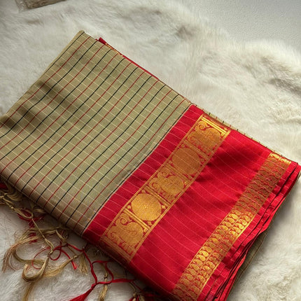 Classic Beige & Crimson Red Traditional Saree ❤️✨