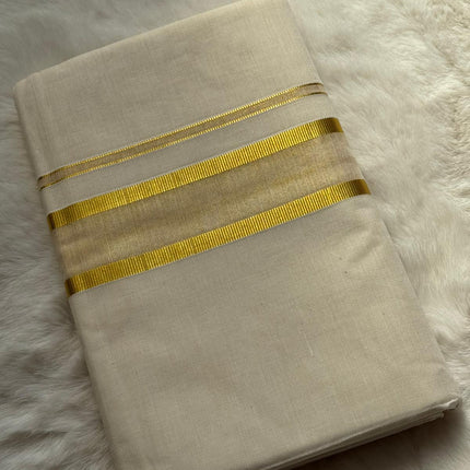 Premium Kerala Kasavu Dhoti – Double Gold Border Edition