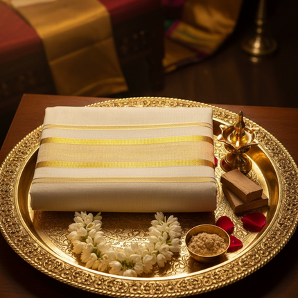 Premium Kerala Kasavu Dhoti – Double Gold Border Edition
