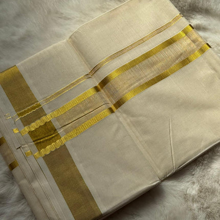 Premium Kerala Kasavu Dhoti – Double Gold Border Edition