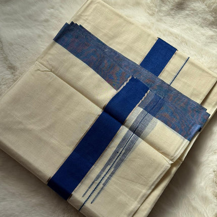 Premium Kerala Dhoti – Royal Blue Traditional Border