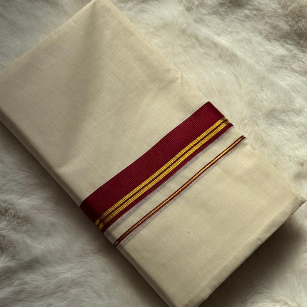 Traditional Kerala Dhoti – Maroon & Gold Temple Border