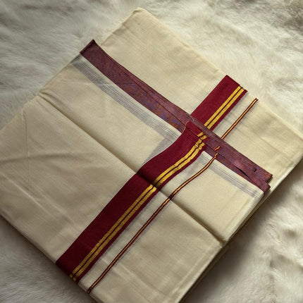 Traditional Kerala Dhoti – Maroon & Gold Temple Border