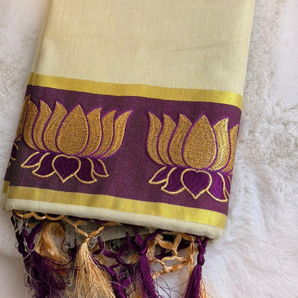 Golden Lotus Kerala Kasavu Saree – Royal Purple Edition