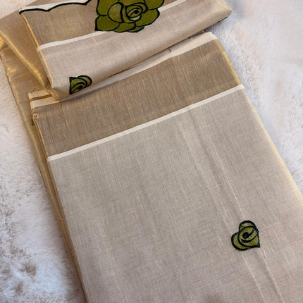 Olive Bloom Kerala Kasavu Saree