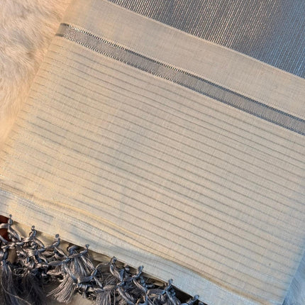 Silver Stripe Kerala Kasavu Saree with Tassel Detailing