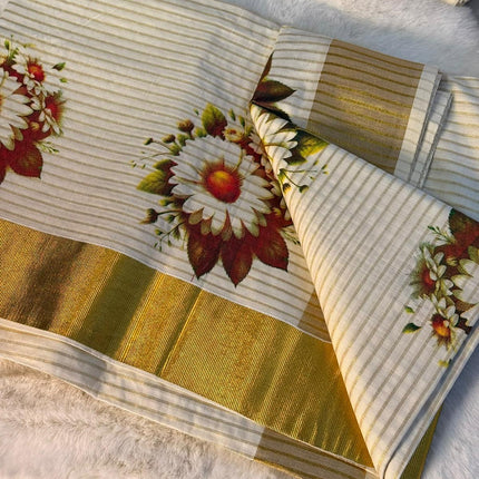 Elegant Lotus Print Kerala Kasavu Saree with Golden Border