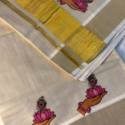 Traditional Kerala Kasavu Saree with Lotus Motif Border