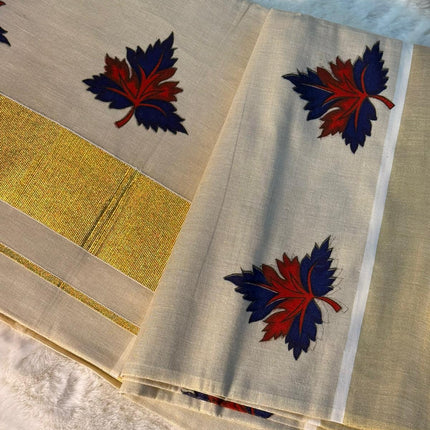 Maple Leaf Inspired Kerala Kasavu Saree with Dual-Tone Print