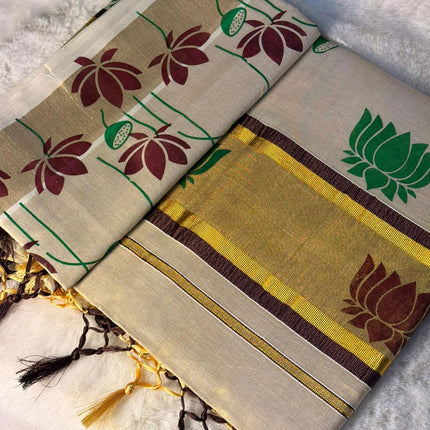 Dual Lotus Print Kerala Kasavu Saree with Elegant Tassels