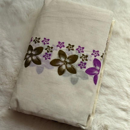 Premium Kerala Floral Set Mundu with Matching Blouse Piece – Purple Bloom Design