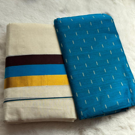 Premium Kerala Set Mundu with Blue & Gold Border and Matching Blouse Piece