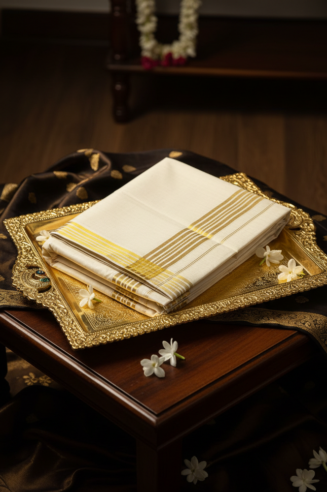 Traditional Kerala Dhoti – Multi-Line Gold Kasavu