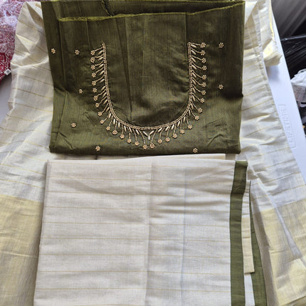 Kerala Half Saree Set – Olive Green