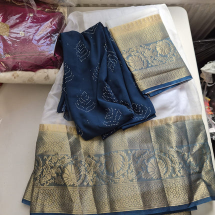 Neelambari Heritage Half Saree Set – White & Teal Blue