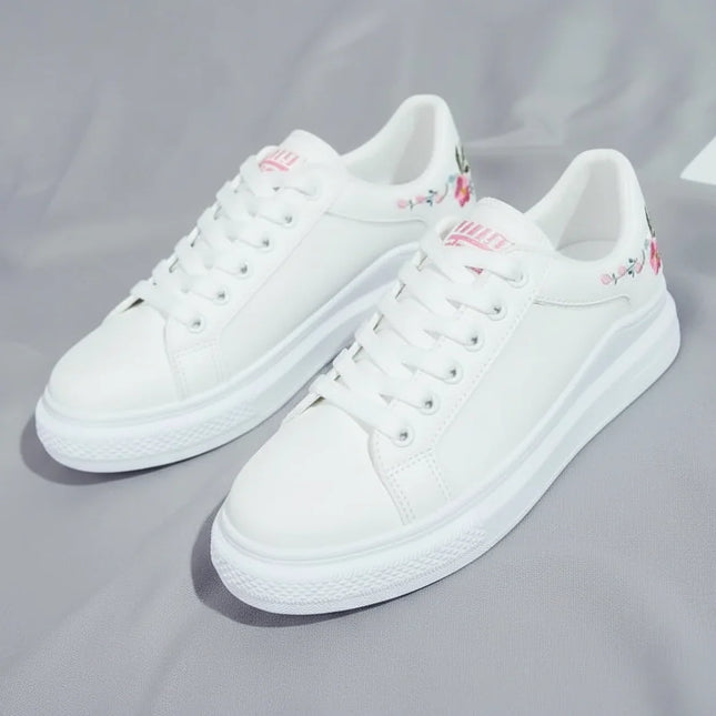 Womens Casual Floral Trainers White Flower Breathable Lace-Up Embroidered Shoes