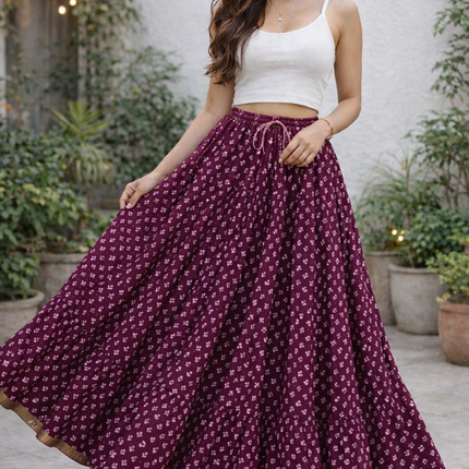 Blackfever Elegant deep plum purple base Printed Tiered Skirt – Free Size