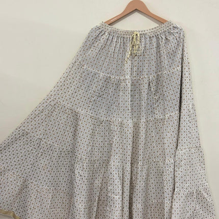 Blackfever Off-White Gold Printed Tiered Cotton Maxi Skirt – Free Size