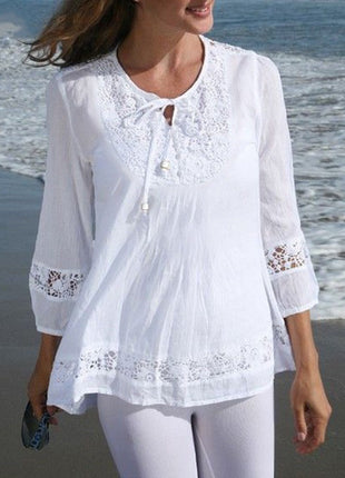 Cotton And Linen Stitching Lace 34 Sleeve Loose Women's Top T-shirt