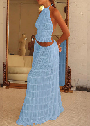 2pcs Women's Dress Suit Sexy Sleeveless Backless Cropped Halter Top And Pleated Long Skirt Beach Clothing