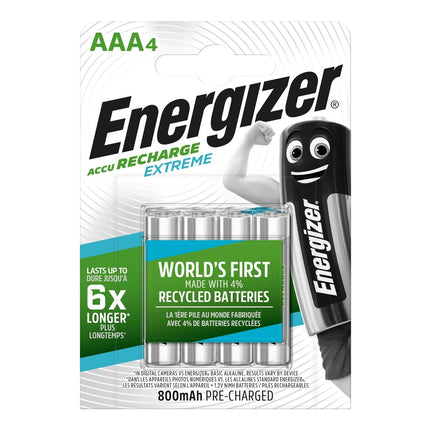 Energizer Recharge Extreme 800mAh Ni-MH AAA Rechargeable Batteries - Pack of 4