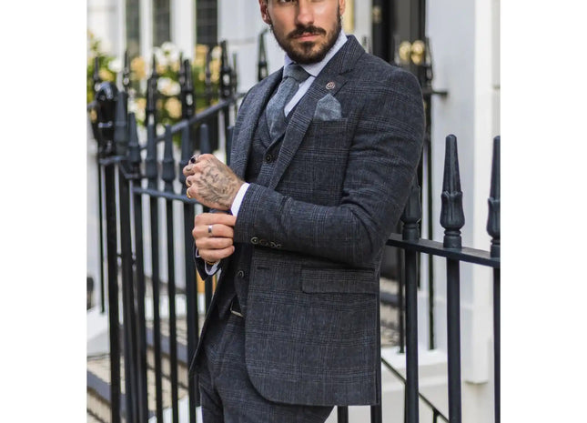 AK-12 - Men's Grey Tweed 3 Piece Suit Blue Check 1920s Gatsby Blinders