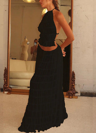 2pcs Women's Dress Suit Sexy Sleeveless Backless Cropped Halter Top And Pleated Long Skirt Beach Clothing