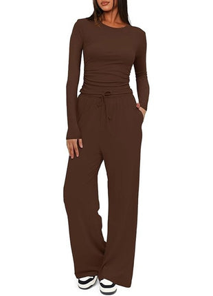2 Pieces Women's Suit Autumn Winte Long Sleeve Tops High Waisted Wide Leg Pants Sportswear Female Clothes Solid Color Casual Suit
